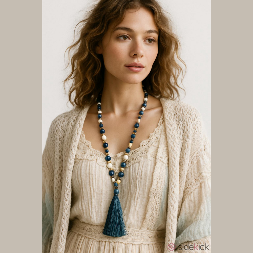 Hand Crafted Teal Tassel Necklace Beaded Gemstone Lapis Labradorite Shell Rosary